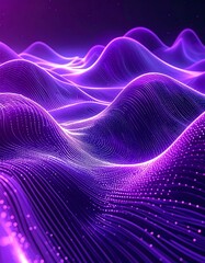 Glowing purple abstract waves resembling rolling hills, created with illuminated particles in a dark expanse. Detailed, curved, and radiant