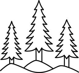 Fototapeta premium Minimalist line art of three pine trees on snowy hills