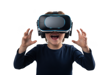 Excited young person wearing a virtual reality headset with hands raised in surprise and wonder isolated on transparent background