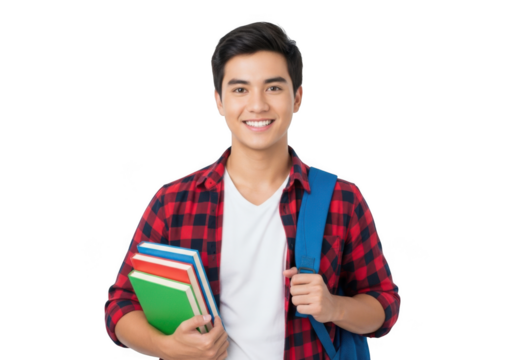 Young asian male student with backpack and books smiling confidently isolated on transparent background - Powered by Adobe