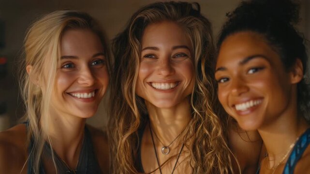 A joyful gathering where three friends enjoy each other's company, sharing laughter and warm smiles in a cozy setting. Their happiness radiates as they connect and celebrate friendship.