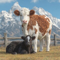 Fototapeta premium Two adorable calves, one brown-white standing, one black-white resting, in a sunlit grassy field, overlooked by majestic snow-capped peaks and a clear blue sky.