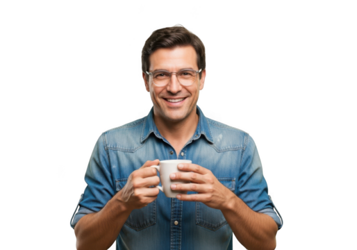 Smiling man wearing glasses and a denim shirt holding a white mug with both hands isolated on transparent background