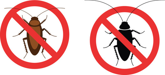 No cockroach sign, pest control icon, hygiene warning, extermination symbol, insect prevention, red prohibition, sanitation alert, cartoon bug illustration © All in one