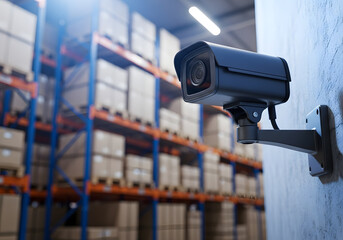 CCTV security camera monitoring industrial warehouse inventory | Professional video surveillance system protecting logistics supply chain | Modern IP camera fixed on wall safeguarding packaged goods