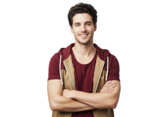 Young caucasian man with dark hair and beard smiling with arms crossed isolated on transparent background