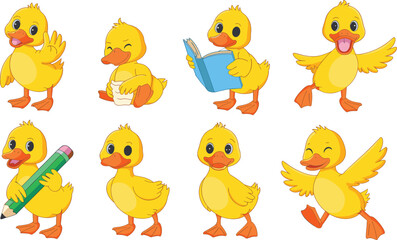 Cute duckling characters, cartoon yellow ducks, expressive poses, reading, drawing, walking, sleeping, children&rsquo;s illustration, playful animals, vector art