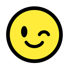 Cute wink smiley icon—flat vector style, yellow circle with thick black outline, simple geometric design, minimal clean modern look