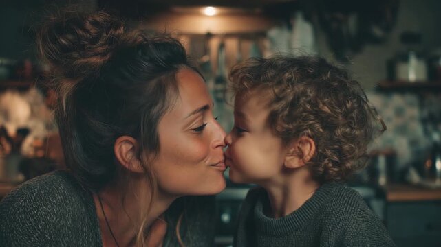 In a warm kitchen, a mother and her young son enjoy sweet exchanges. Laughter and affection fill the air as they lean in for playful pecks, creating unforgettable memories.