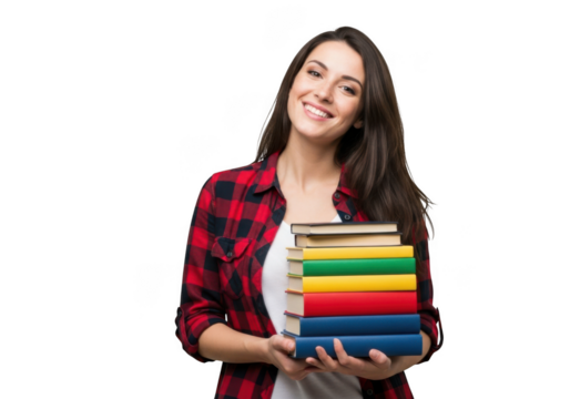 Young woman holding a stack of colorful books smiling happily with long brown hair isolated on transparent background - Powered by Adobe