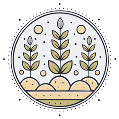 Minimalist illustration of new plant saplings growing in soil within a decorative circular frame