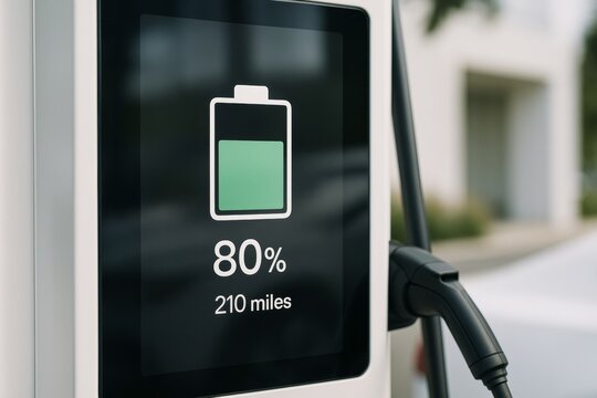 Electric vehicle charging station display showing 80 percent battery and 210 miles range in urban environment with soft background light effect. Ai generative