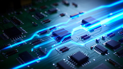 Close-up of a Green Circuit Board with Glowing Blue Data Streams Flowing Through Components technology