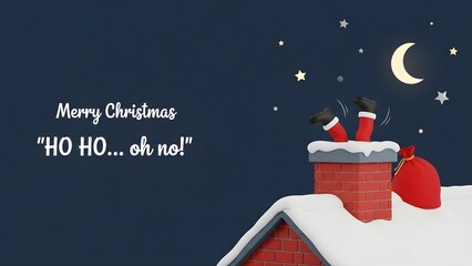 Merry Christmas HO HO oh no! Santa stuck in chimney with red sack and moon in the night sky illustration