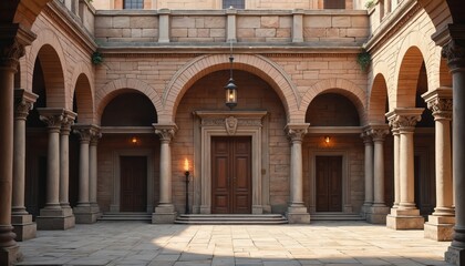 Fototapeta premium Illustration of classic ancient architecture shows stone columns arches and walls. Interior depicts wooden doors and burning torch. Architectural design showcases old building aesthetic.
