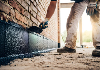 Worker applying bitumen mastic on foundation for damp proofing, waterproofing man waterproofing house foundation with bituminous mastic waterproofing foundation with bituminous mastic