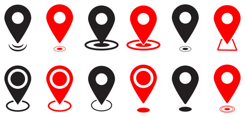Location pin icon set. Map pointer. Collection of red and black location pin icons. Maps, navigation, GPS, tracking and direction interfaces. Vector illustration.