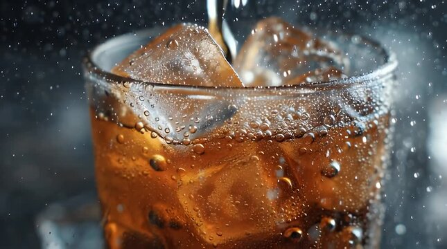 Iced Cola Glass Close-Up with Condensation Bubbles, Refreshing Cold Drink with Ice Cubes and Splashing Refreshment - Powered by Adobe