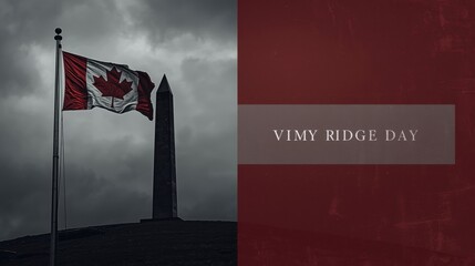 Canadian flag and monument under dramatic cloudy sky