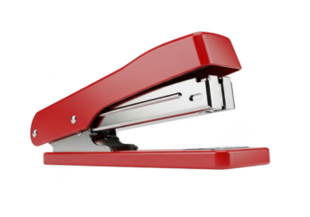 A bright red office stapler with a metallic silver staple mechanism shown at an angle isolated on transparent background