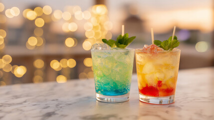 mixology. Two vibrant cocktails on a marble bar counter with soft glowing lights in the background. bar promotions, beverage menus, designed for product packaging and bar promotions.