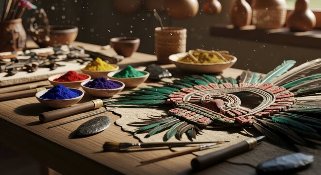 Artisan's workspace with indigenous headdress creation tools and colorful pigments preparation