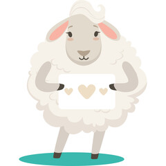 Cute cartoon sheep holding a card with hearts in a flat illustration style with a transparent background perfect for graphic design