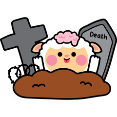 Cute Cartoon Sheep Character With Brain On Head And Pink Cheeks Peeking From Brown Ground Near Gravestones With Death Sign Barbed Wire On Transparent Background