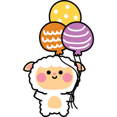 Cute cartoon sheep holding colorful balloons with a transparent background for celebration and joy