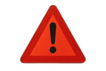 Red warning sign with exclamation mark symbol indicating danger, caution, and alert, cut out on transparent background
