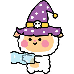 Cute Cartoon Sheep Wearing A Purple Witch Hat With White Polka Dots Holding A Blue Sparkly Object In A Playful Manner