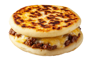 Grilled arepas plain sandwich filled with melted cheese and ground beef, isolated on white transparent background, concept of Latin street food