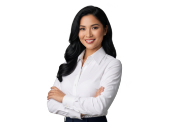 Professional asian woman confidently posing with arms crossed wearing a white collared shirt isolated on transparent background