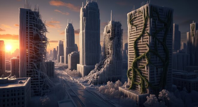 Post-apocalyptic cityscape covered in ice and vegetation reclaiming urban ruins after disaster