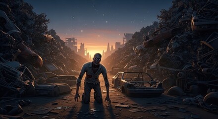 Apocalyptic junkyard crawl: A lone zombie emerges amidst decaying vehicles and crumbling cityscapes