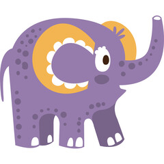Cute cartoon purple elephant with large floppy ears and yellow tusks on a transparent background with white eyes and gray spots