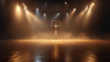 Dynamic empty basketball court bathed in bright stadium spotlights, creating a dramatic and smoky atmosphere for sports events.