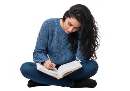 Young woman with long dark hair wearing a blue sweater and jeans writing in an open book while sitting cross legged isolated on transparent background