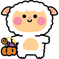 Cute cartoon sheep character holding a pumpkin basket filled with candies for trick or treating celebration