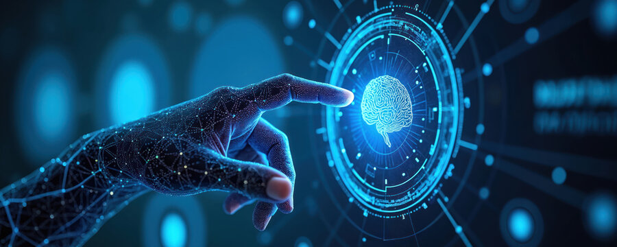 Hand touches glowing brain icon. Neural net style hand interacts with digital interface. Represents future tech ai. Blue background intelligence, innovation, machine learning, automation, data