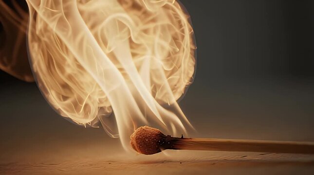 Ethereal Combustion: A Match Ignites, Releasing a Swirling Symphony of Fire and Smoke, Intricate Dance of Light: A Macro Shot of a Match Head Engulfed in Golden Flames and Smoke