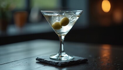 Close-up of crystal martini glass brimming with liquid, two olives. Drink overflows slightly onto dark slate coaster. Reflections shimmer within clear glass ice, texture. Image represents luxury,