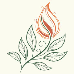 Elegant flame logo created using soft curved lines blending into a leaf silhouette, warm gradient orange and green, eco-energy concept minimal vector.