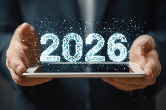 Man holding tablet with glowing 2026 digital network