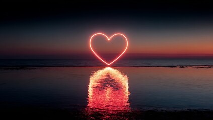 Neon heart light reflected on calm water at sunset