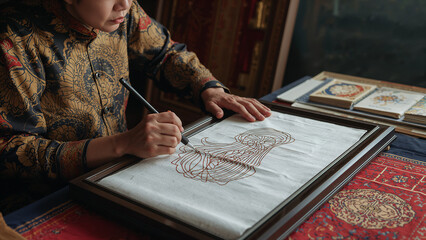 Malaysian Batik Artist Drawing Wax Patterns on Fabric