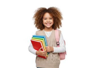 Joyful young multiracial girl with curly hair holding a stack of colorful books and wearing a backpack isolated on transparent background