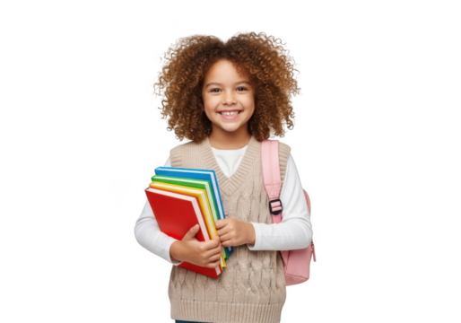 Joyful young multiracial girl with curly hair holding a stack of colorful books and wearing a backpack isolated on transparent background