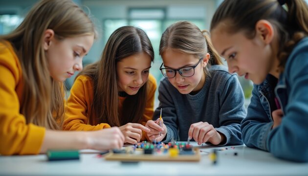 Group of focused girls work together on tech project. Students learn science, engineering, robotics. Kids collaborate studying circuit board. STEM education enables creativity. Future engineers