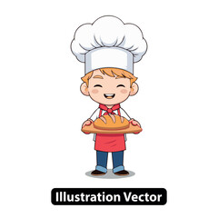 Adorable cartoon baker boy presenting freshly baked bread, smiling and happy, culinary joy